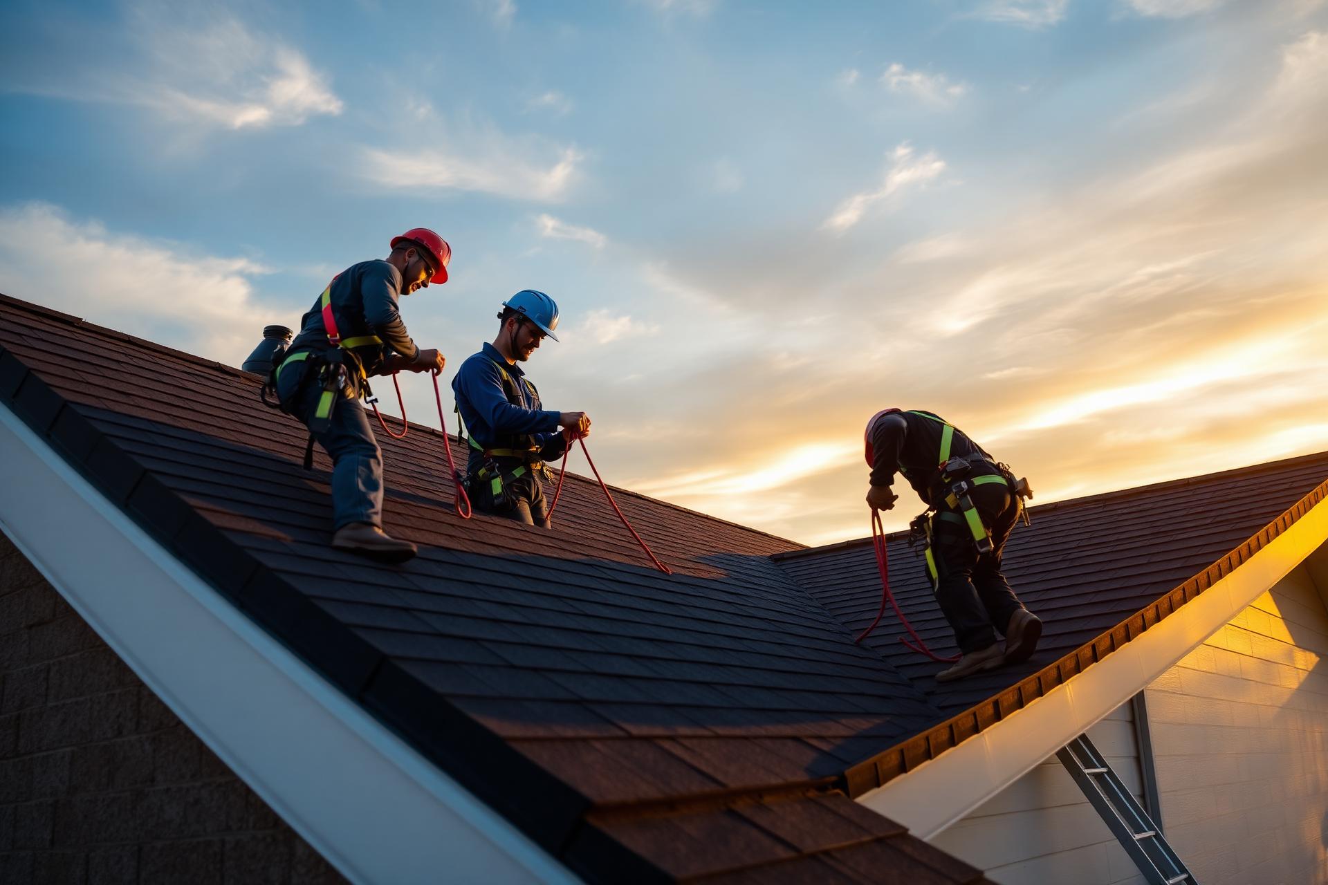Roofing professionals wearing safety harnesses working on a modern residential roof at sunset